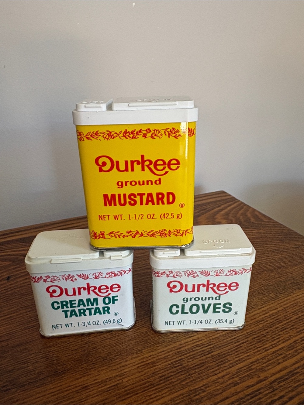 Durkee Spice Tins Set of Three Ground Mustard Cream of Tartar and Cloves